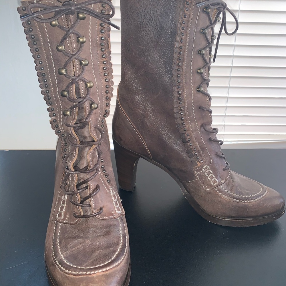 Frye Bella Hi Flower Fringe Lace Up Leather Boots